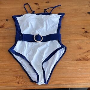 Women’s Navy and White One-Piece Swimsuit with Decorative Belt